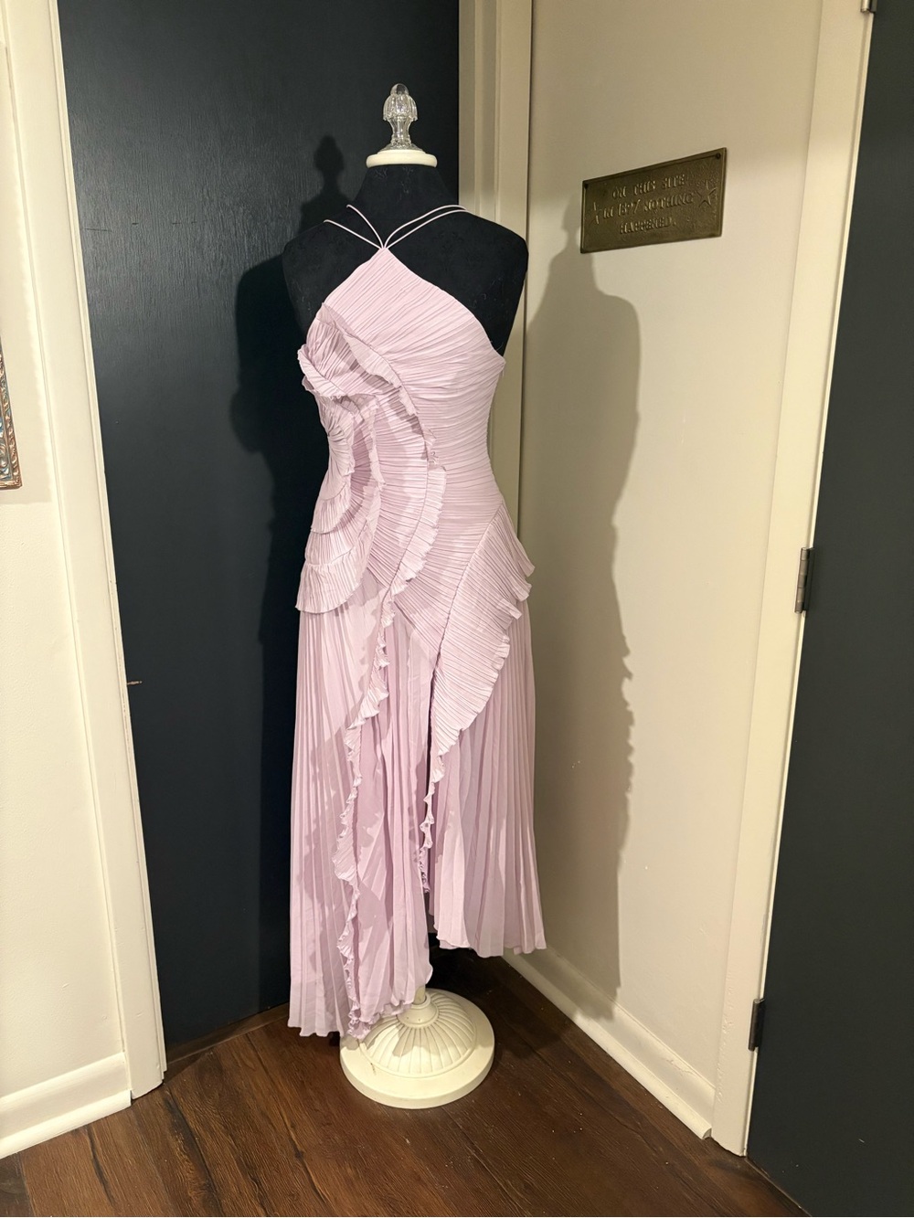 Lavender Pleated Ruffle Halter Dress with ties at back and asymmetrical hem